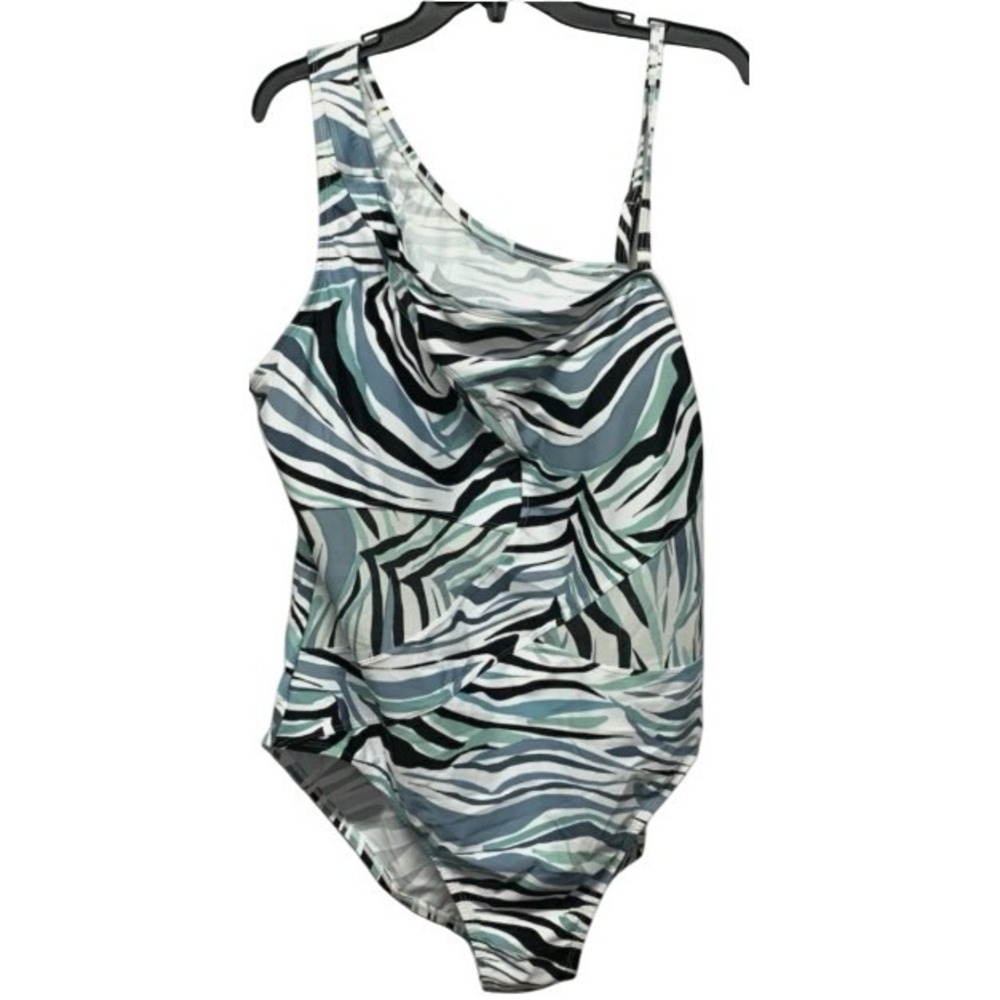 Beyond Control Size 12 Printed‎ One-Shoulder One Piece Swimsuit White Multi New - Picture 2 of 9